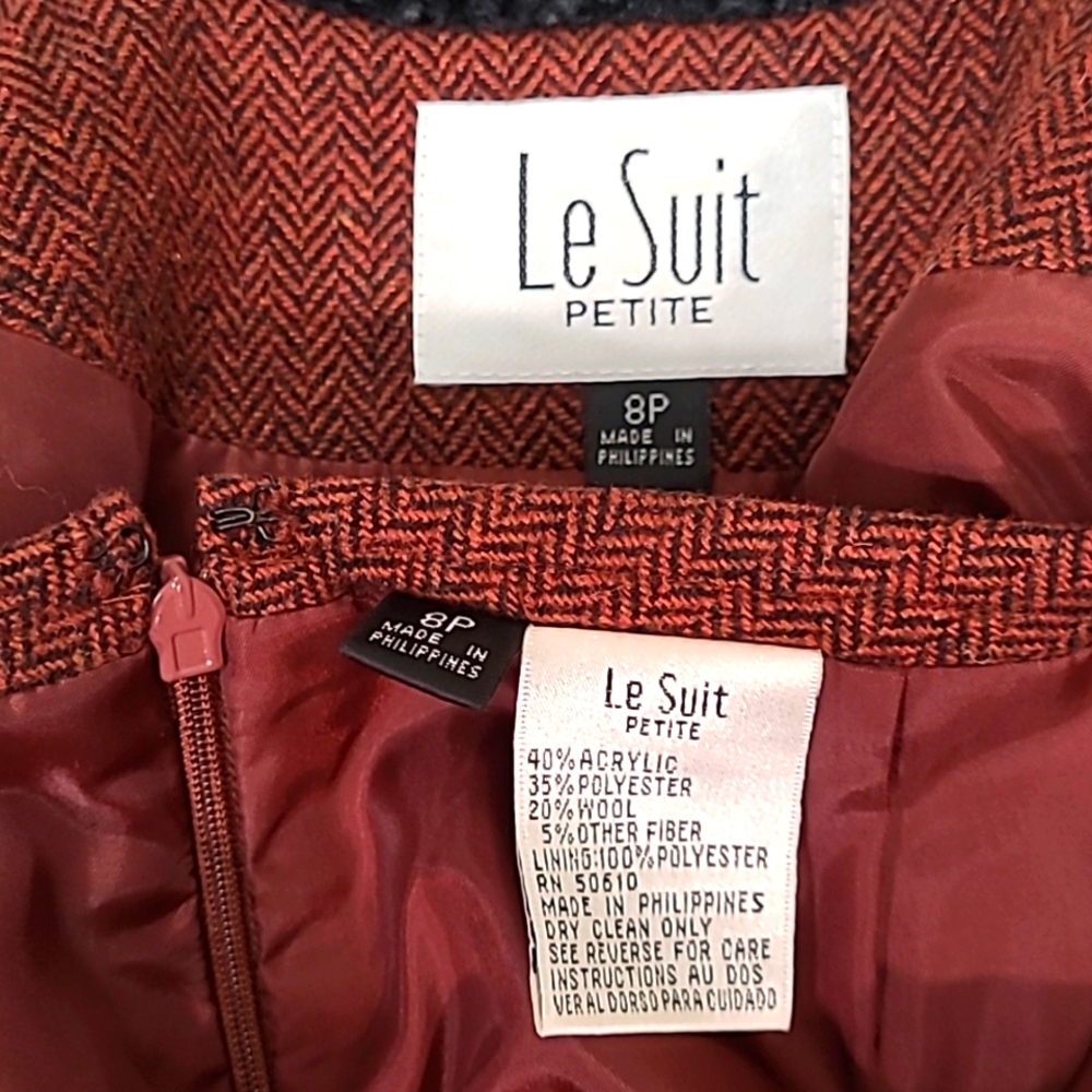 Vintage Le Suit Petite Rust Tweed Skirt Suit Blazer Jacket Size 8P - Picture 12 of 13